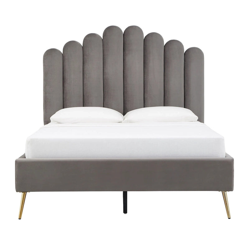 Art Deco Velvet Upholstered Platform Bed with Stepped Headboard