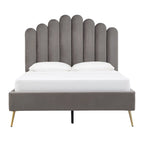 Art Deco Velvet Upholstered Platform Bed with Stepped Headboard