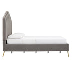 Art Deco Velvet Upholstered Platform Bed with Stepped Headboard