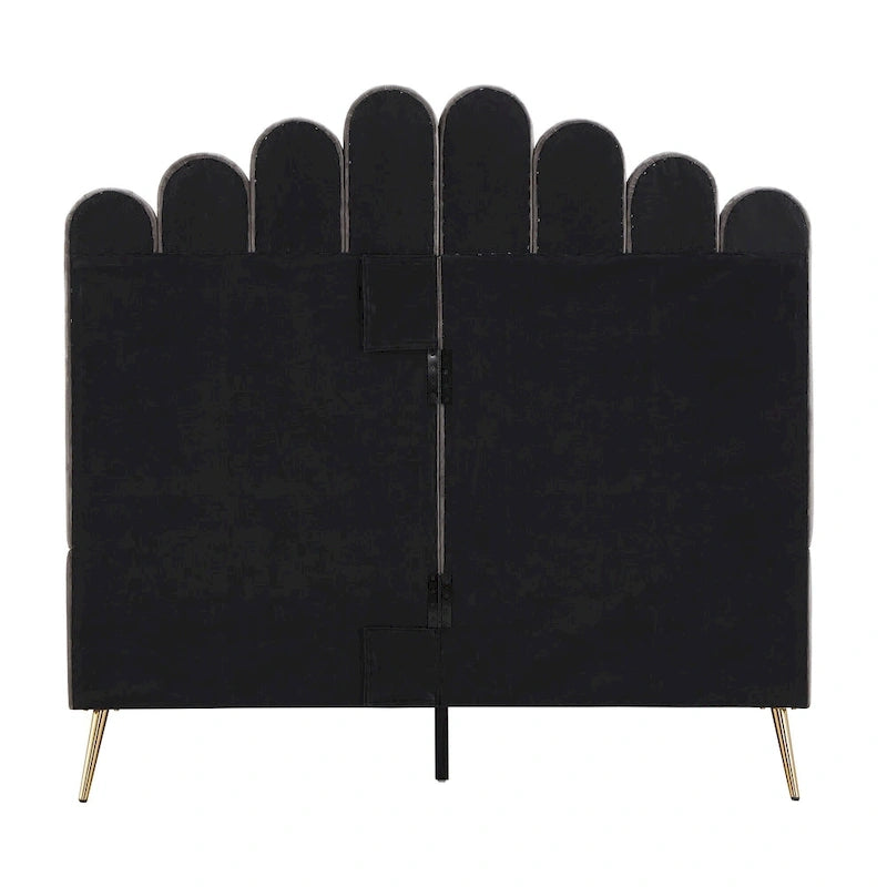 Art Deco Velvet Upholstered Platform Bed with Stepped Headboard