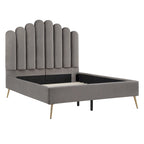 Art Deco Velvet Upholstered Platform Bed with Stepped Headboard