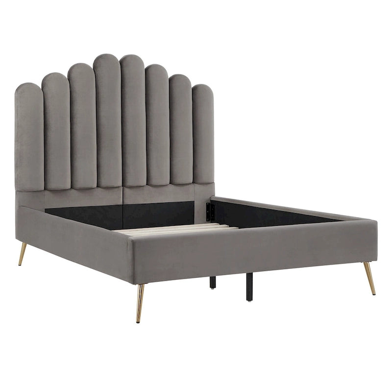 Art Deco Velvet Upholstered Platform Bed with Stepped Headboard