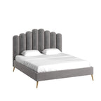 Art Deco Velvet Upholstered Platform Bed with Stepped Headboard