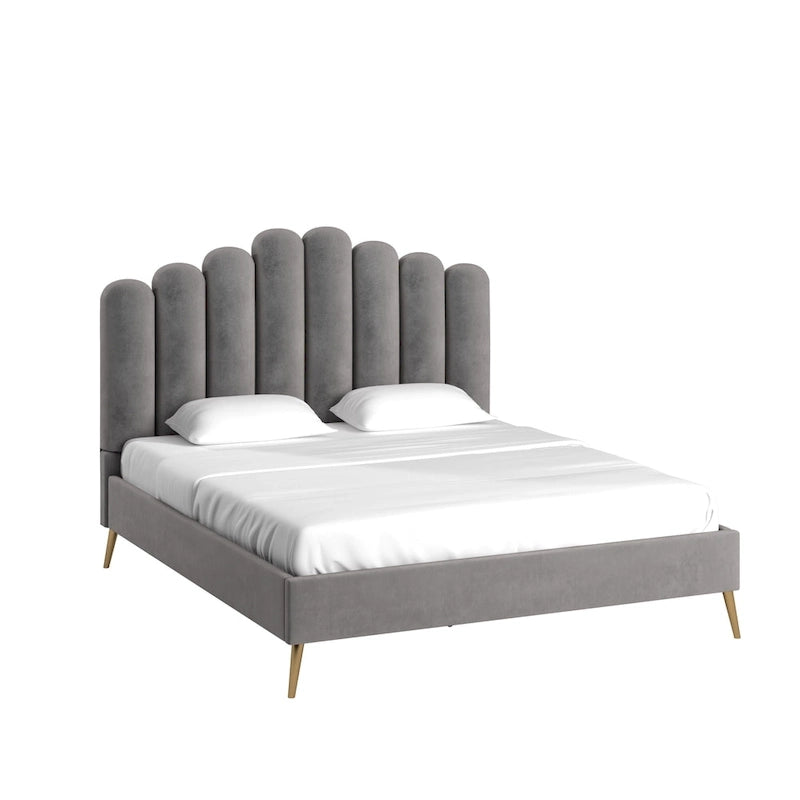 Art Deco Velvet Upholstered Platform Bed with Stepped Headboard