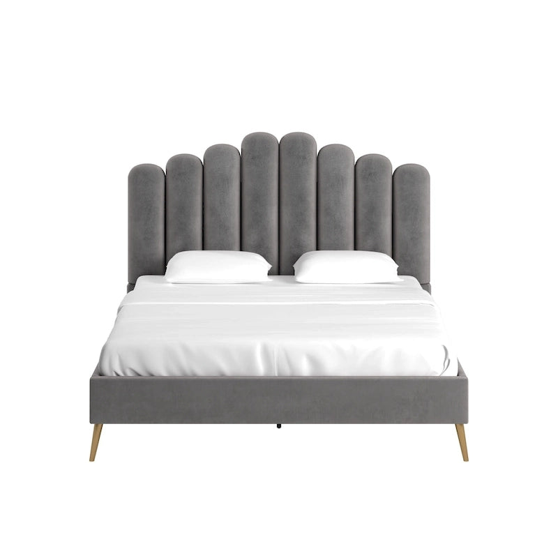 Art Deco Velvet Upholstered Platform Bed with Stepped Headboard