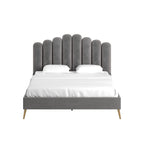 Art Deco Velvet Upholstered Platform Bed with Stepped Headboard