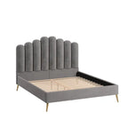 Art Deco Velvet Upholstered Platform Bed with Stepped Headboard