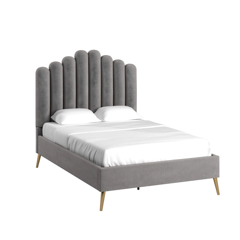Art Deco Velvet Upholstered Platform Bed with Stepped Headboard