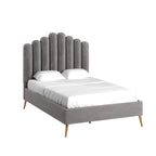 Art Deco Velvet Upholstered Platform Bed with Stepped Headboard