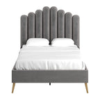 Art Deco Velvet Upholstered Platform Bed with Stepped Headboard