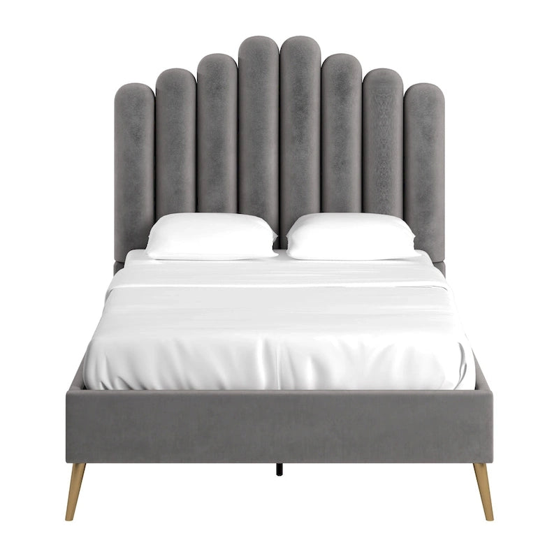 Art Deco Velvet Upholstered Platform Bed with Stepped Headboard