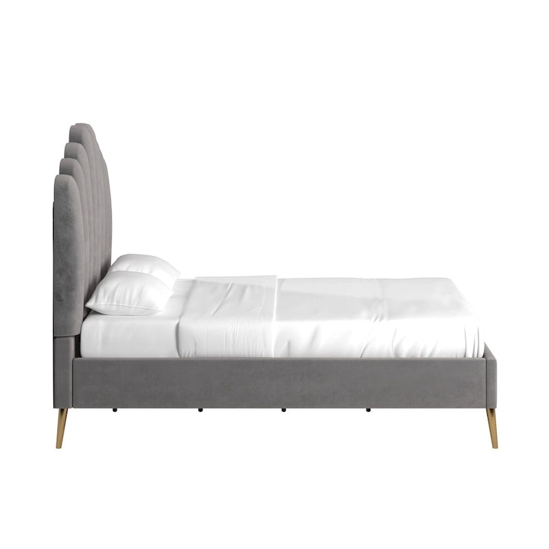Art Deco Velvet Upholstered Platform Bed with Stepped Headboard