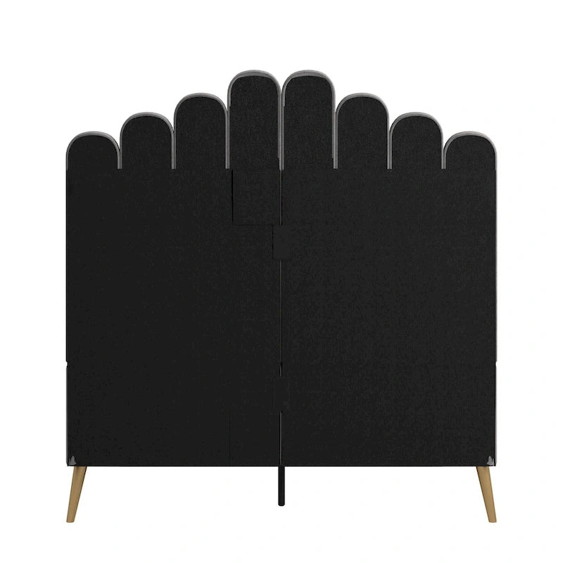 Art Deco Velvet Upholstered Platform Bed with Stepped Headboard