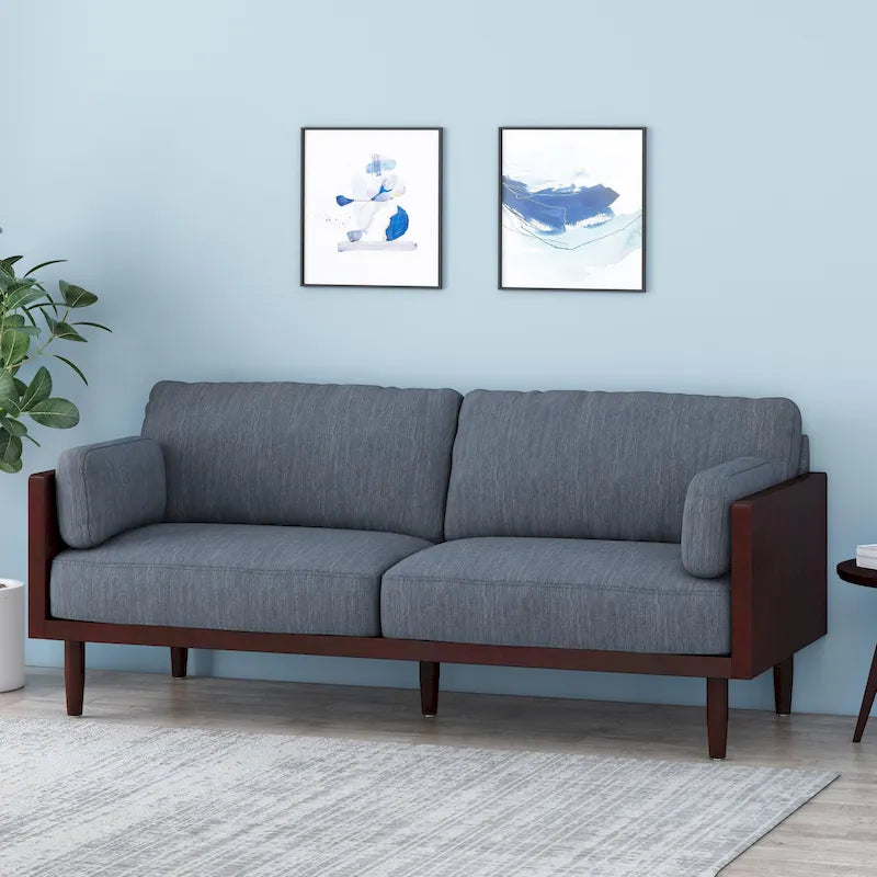 Mid-Century 3-Seater Sofa with Walnut Finish & Pillow Cushions
