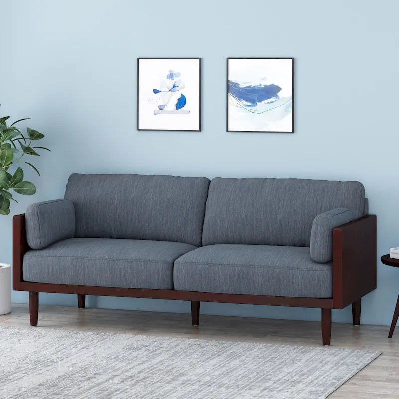 Mid-Century 3-Seater Sofa with Walnut Finish & Pillow Cushions