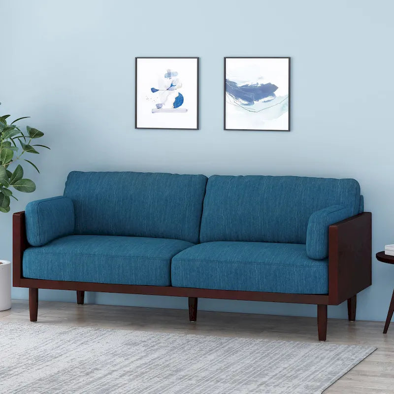 Mid-Century 3-Seater Sofa with Walnut Finish & Pillow Cushions