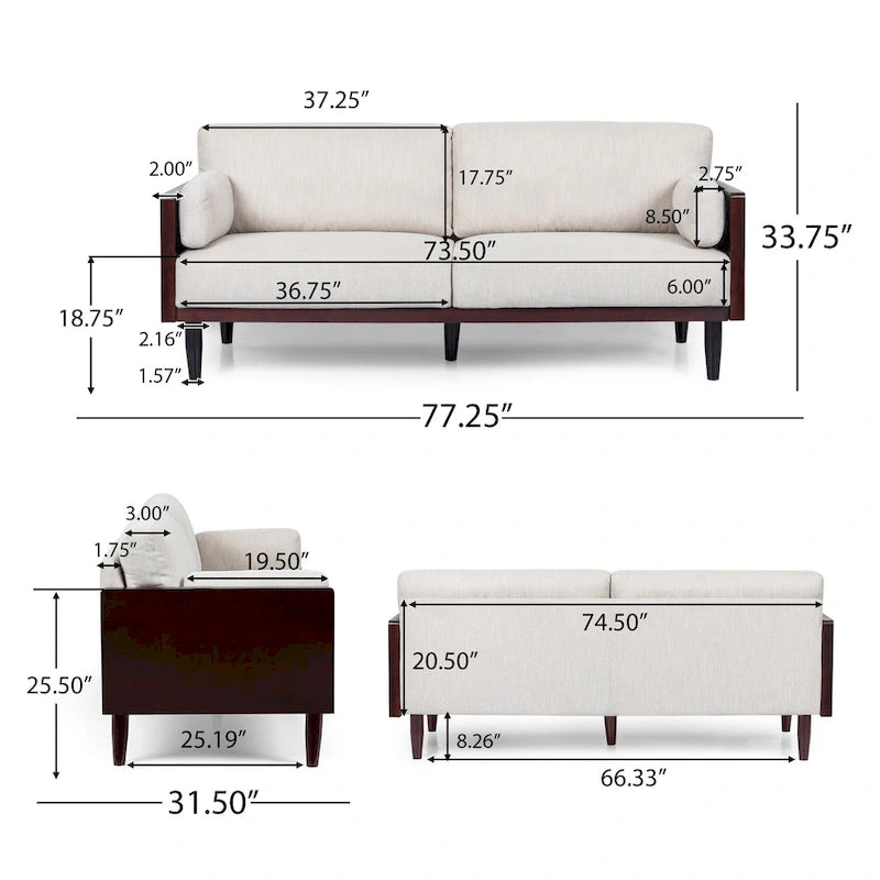 Mid-Century 3-Seater Sofa with Walnut Finish & Pillow Cushions