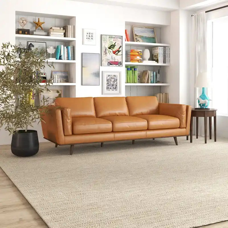 Florencia Mid Century Modern Furniture Style Living Room Leather Sofa in Tan
