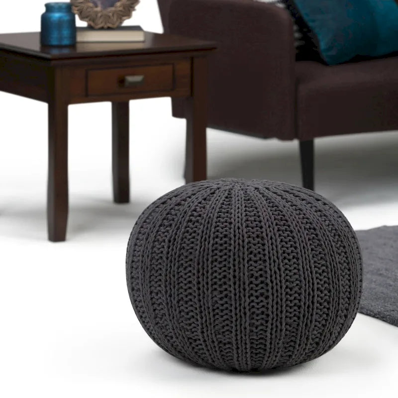 Boho Round Hand Knit Cotton Pouf with Polystyrene Filling