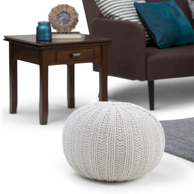 Boho Round Hand Knit Cotton Pouf with Polystyrene Filling