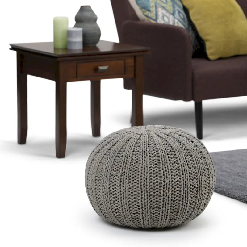 Boho Round Hand Knit Cotton Pouf with Polystyrene Filling
