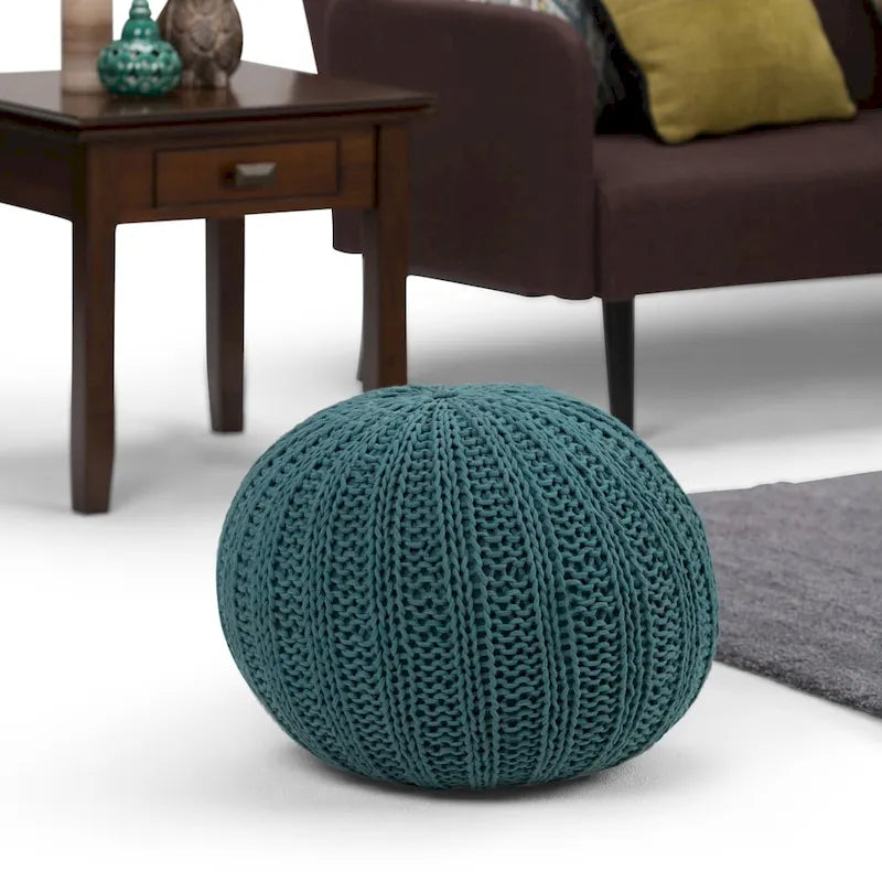 Boho Round Hand Knit Cotton Pouf with Polystyrene Filling