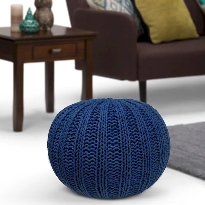 Boho Round Hand Knit Cotton Pouf with Polystyrene Filling