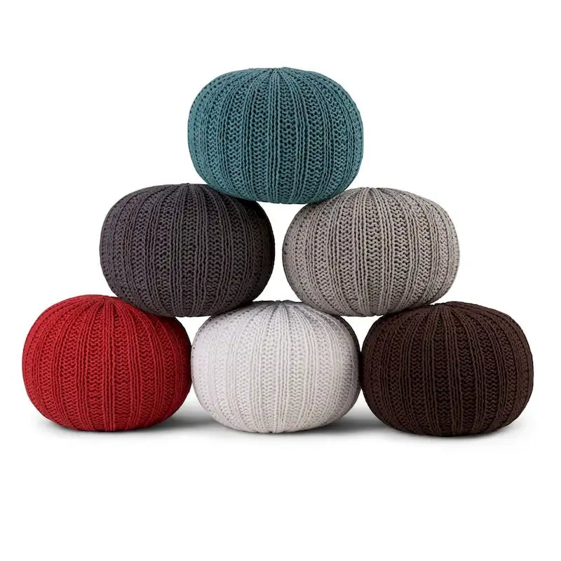 Boho Round Hand Knit Cotton Pouf with Polystyrene Filling