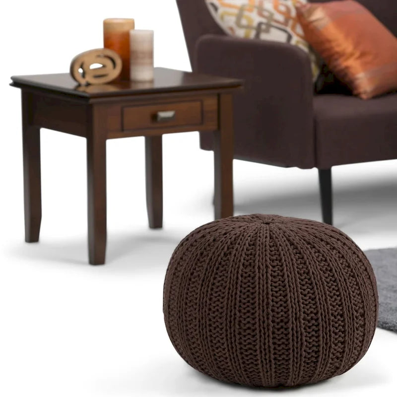 Boho Round Hand Knit Cotton Pouf with Polystyrene Filling