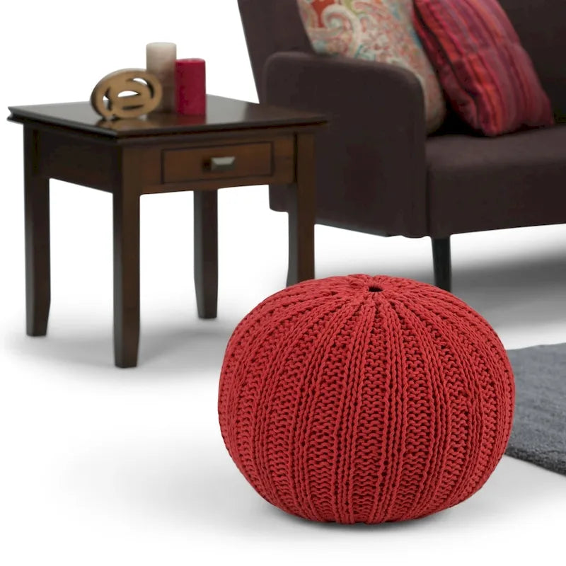 Boho Round Hand Knit Cotton Pouf with Polystyrene Filling