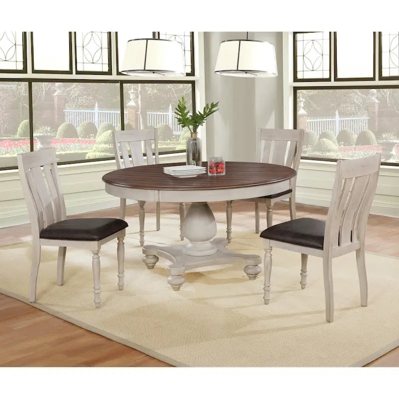 Weathered Oak Round Dining Set with Pedestal Table & 4 Cushioned Chairs
