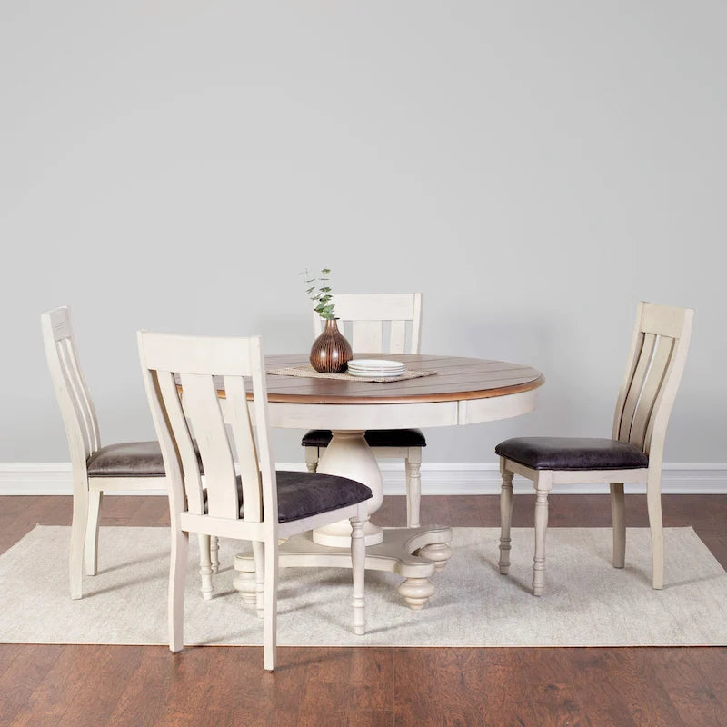 Weathered Oak Round Dining Set with Pedestal Table & 4 Cushioned Chairs