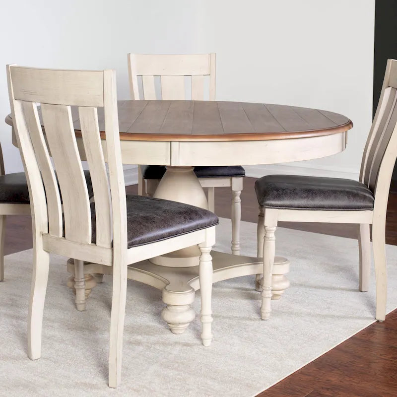 Weathered Oak Round Dining Set with Pedestal Table & 4 Cushioned Chairs