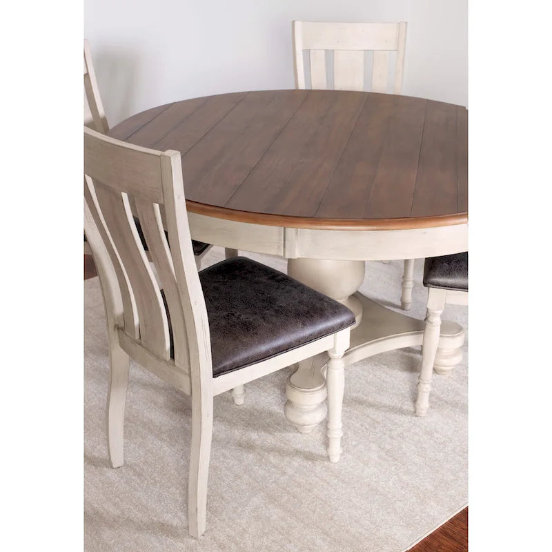 Weathered Oak Round Dining Set with Pedestal Table & 4 Cushioned Chairs