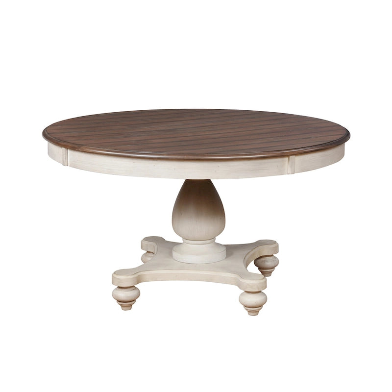 Weathered Oak Round Dining Set with Pedestal Table & 4 Cushioned Chairs