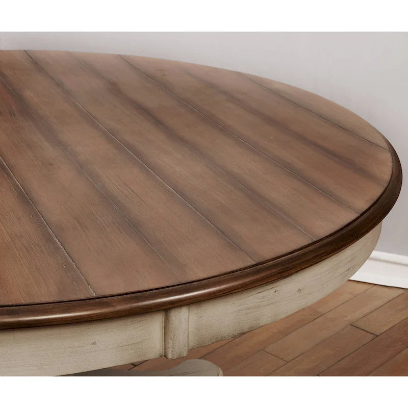 Weathered Oak Round Dining Set with Pedestal Table & 4 Cushioned Chairs