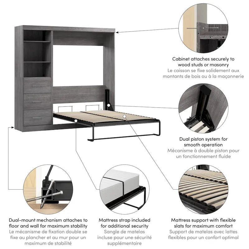 Full Murphy Bed with Closet Organizer, Shelves & 3 Drawers (84W)