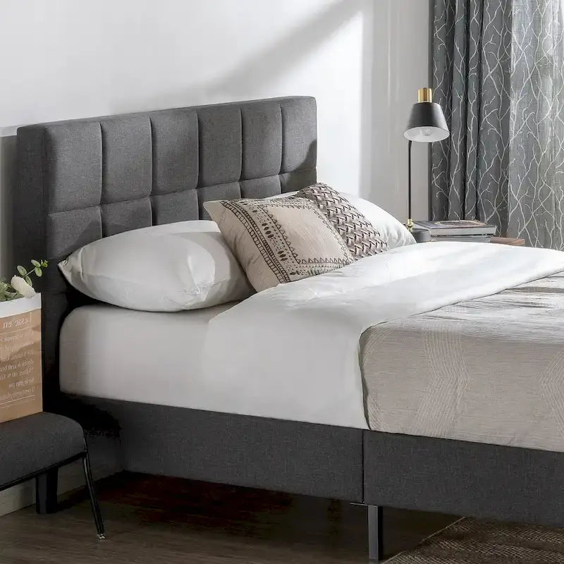 Grey Square Tufted King Platform Bed Frame with Padded Headboard