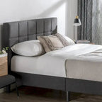 Grey Square Tufted King Platform Bed Frame with Padded Headboard