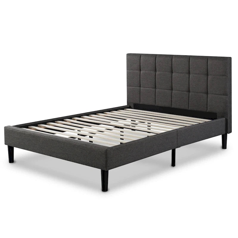 Grey Square Tufted King Platform Bed Frame with Padded Headboard