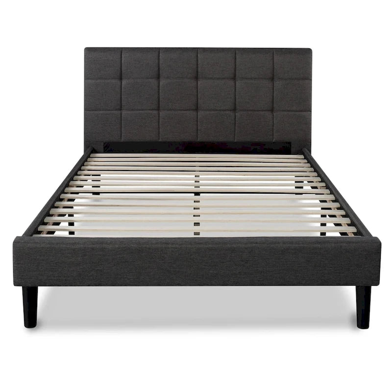 Grey Square Tufted King Platform Bed Frame with Padded Headboard