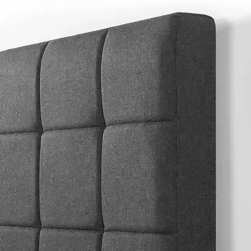 Grey Square Tufted King Platform Bed Frame with Padded Headboard