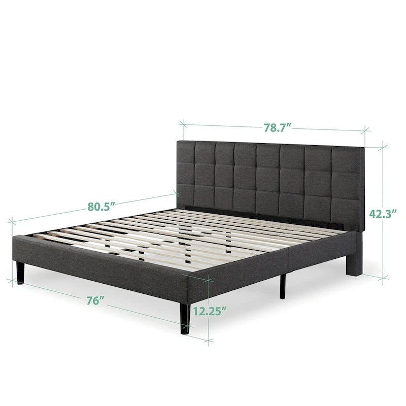 Grey Square Tufted King Platform Bed Frame with Padded Headboard