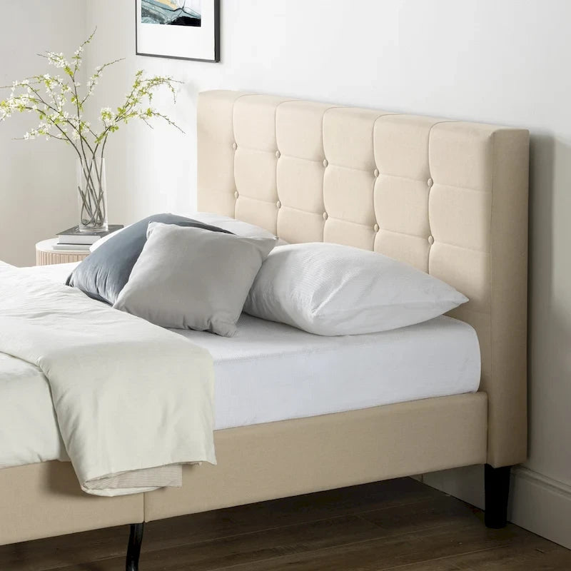 Beige Button Tufted King Platform Bed with Steel Frame & 5-Year Warranty