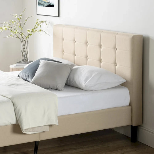 Beige Button Tufted King Platform Bed with Steel Frame & 5-Year Warranty