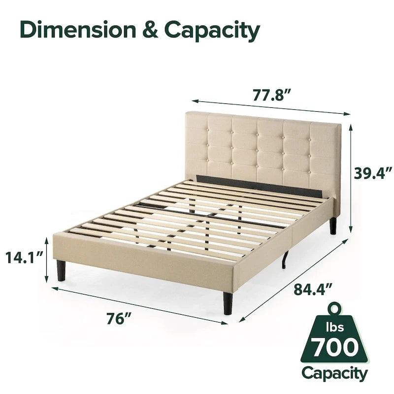 Beige Button Tufted King Platform Bed with Steel Frame & 5-Year Warranty