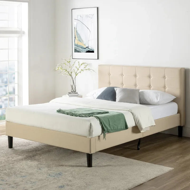 Beige Button Tufted King Platform Bed with Steel Frame & 5-Year Warranty