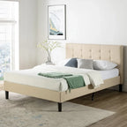 Beige Button Tufted King Platform Bed with Steel Frame & 5-Year Warranty