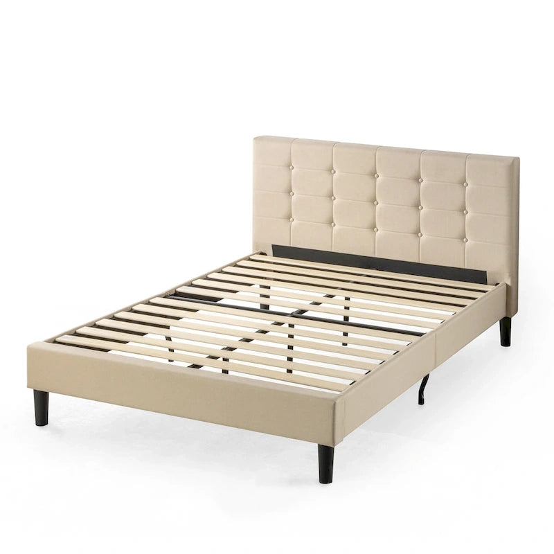 Beige Button Tufted King Platform Bed with Steel Frame & 5-Year Warranty