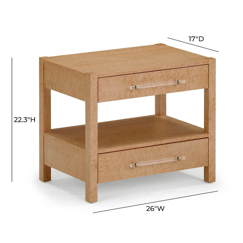 Acacia Wood 2-Drawer Nightstand with Rustic Brass Accents